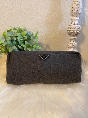 Prada Gray Wool Toiletry Pouch with Triangular Logo
